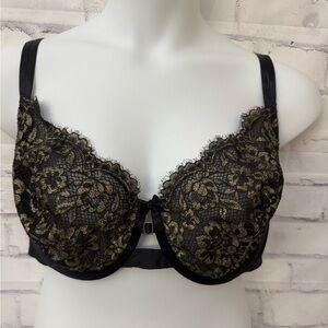 Cacique Bra 44DDD Unlined Balconette Black Gold Lace Underwire Sexy Lingerie‎
